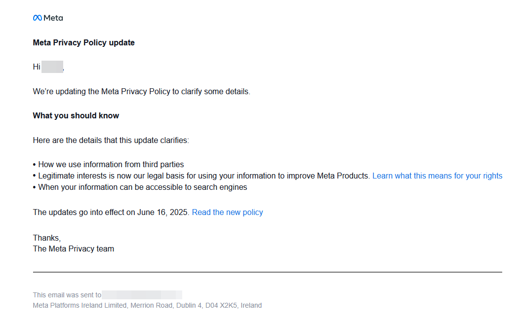 Meta Privacy Policy update email